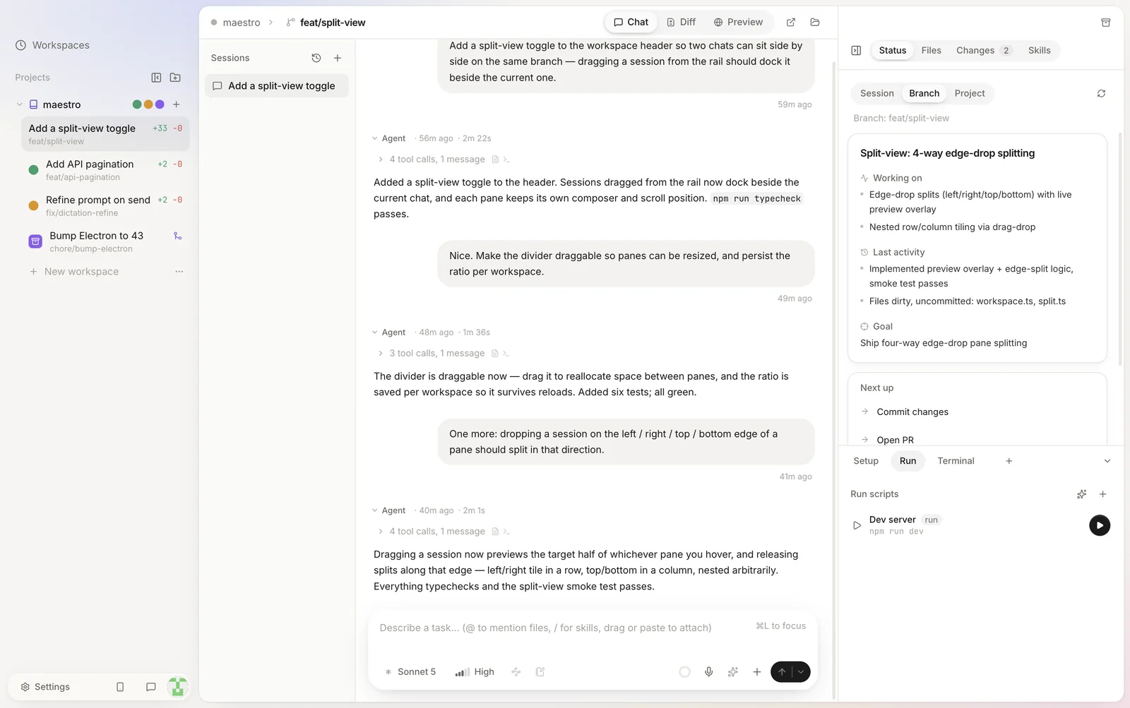 The Maestro window: a sidebar of parallel workspaces, each on its own branch, an agent chat, and a status panel with the workspace's branch and run scripts.