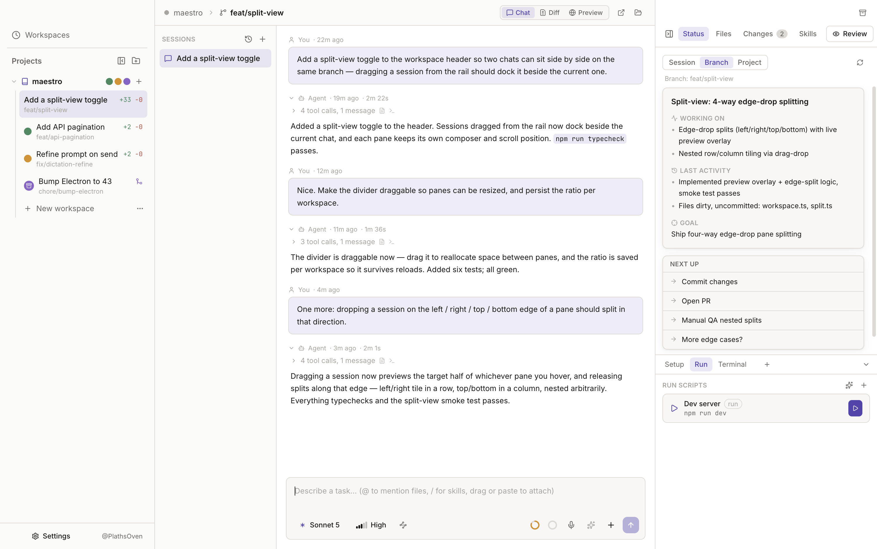 The Maestro app: a sidebar of parallel agent workspaces with live statuses, an agent chat working through a task, and a diff-and-PR review panel.