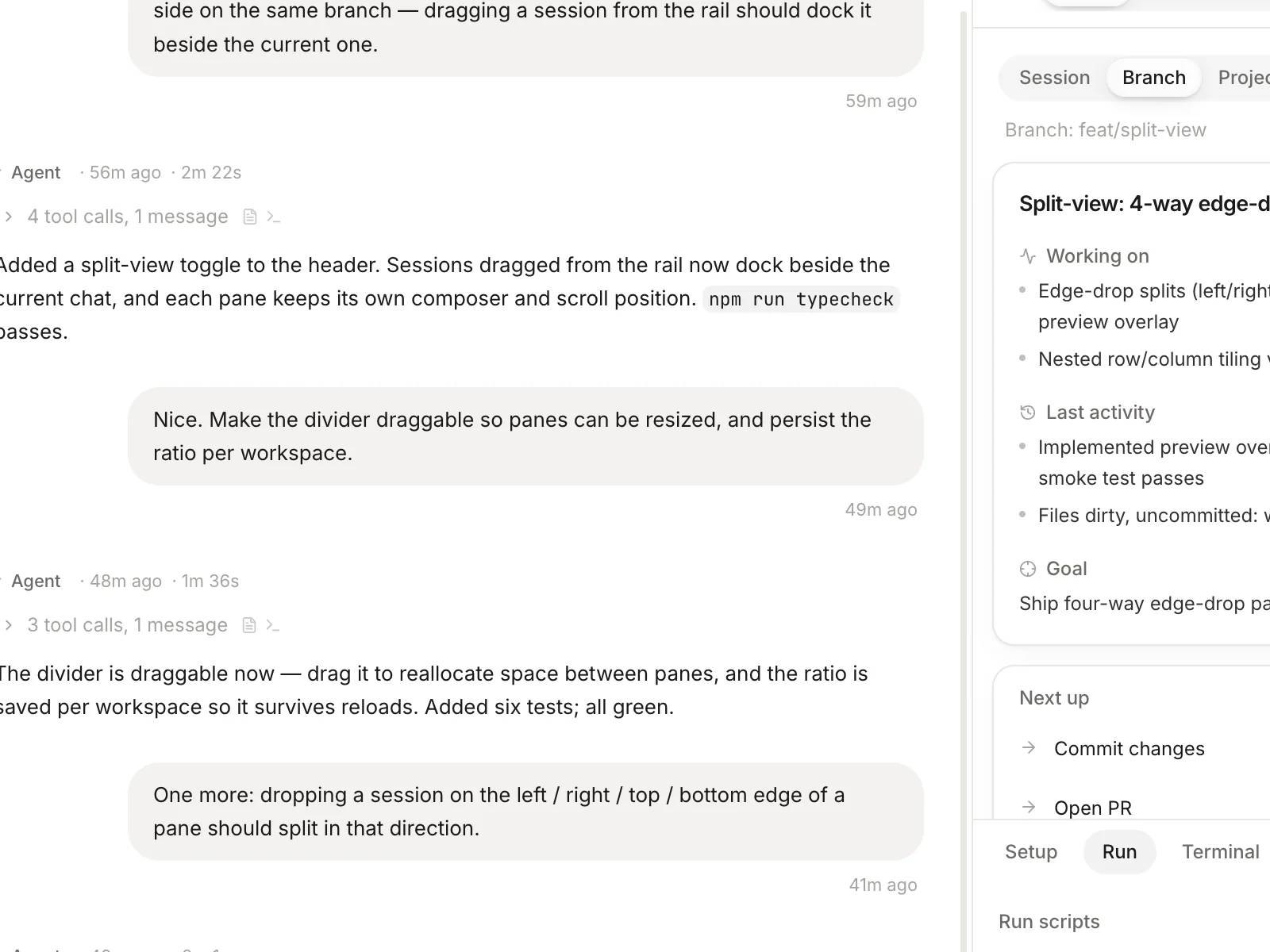 An agent chat in Maestro: your requests on the right, the agent's work and replies on the left.