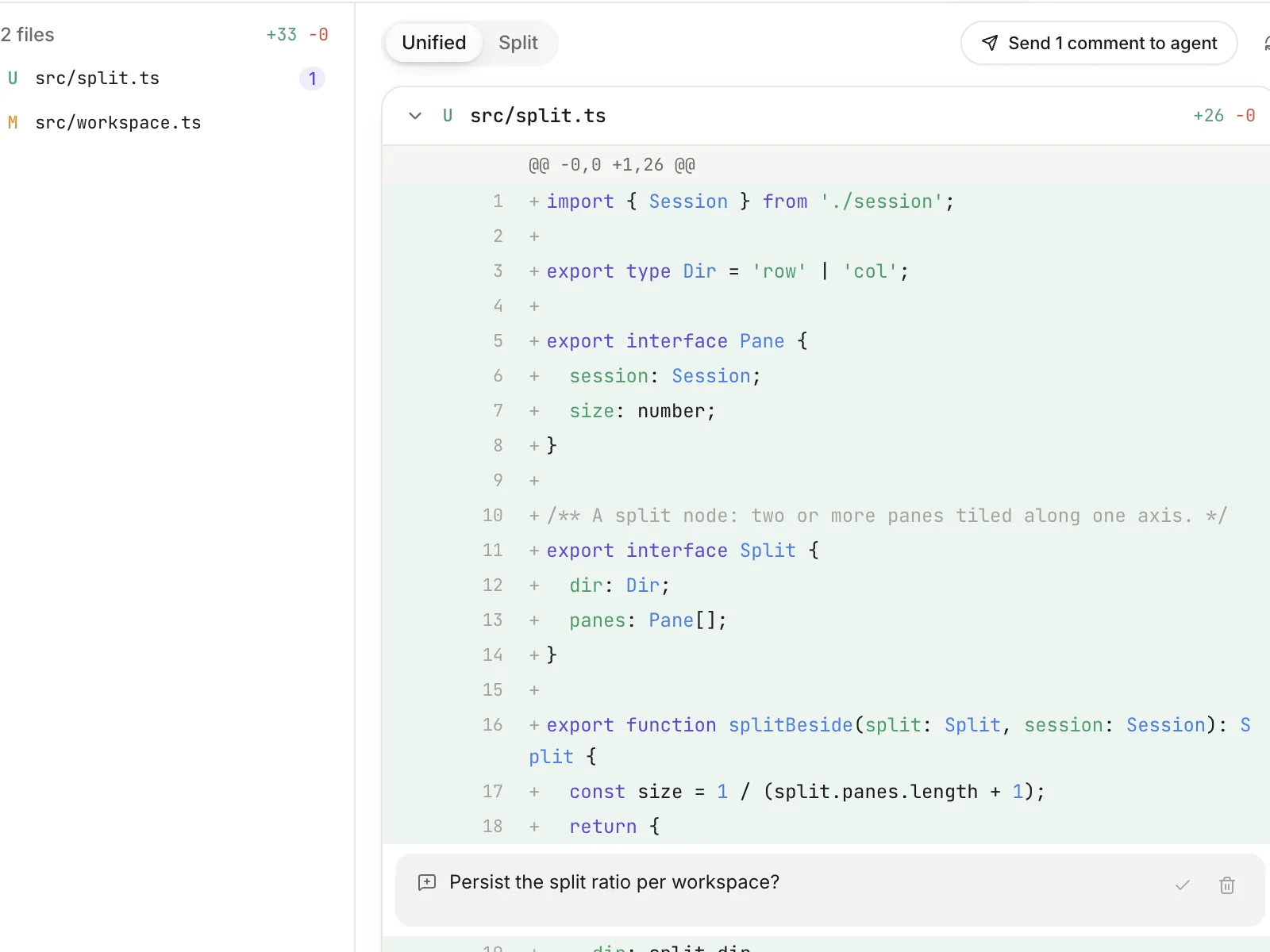 Maestro's diff view: a file list, syntax-highlighted changes, and an inline review comment addressed to the agent.