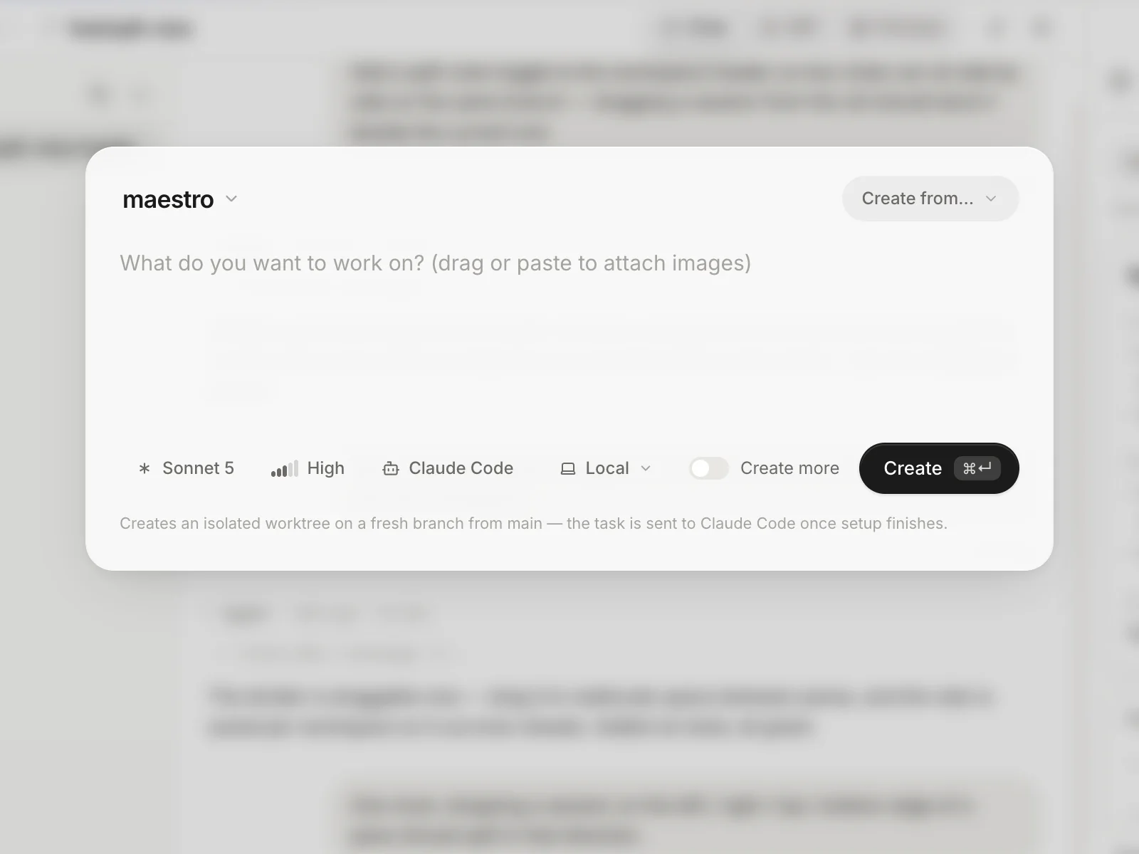 Maestro's new-workspace dialog: a task prompt with the agent picker set to Claude Code, plus model and effort pickers.