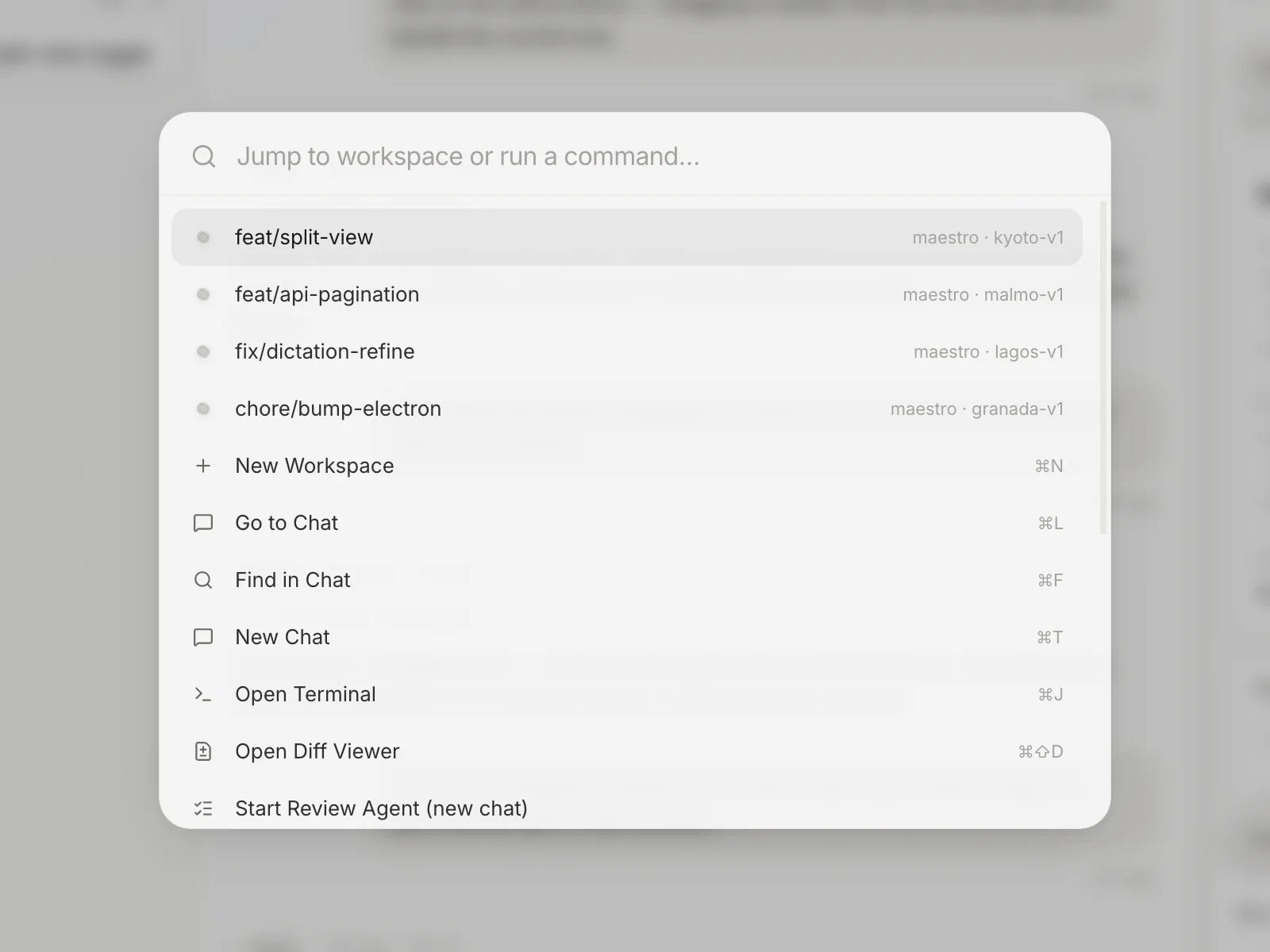 The command palette listing workspaces and commands.