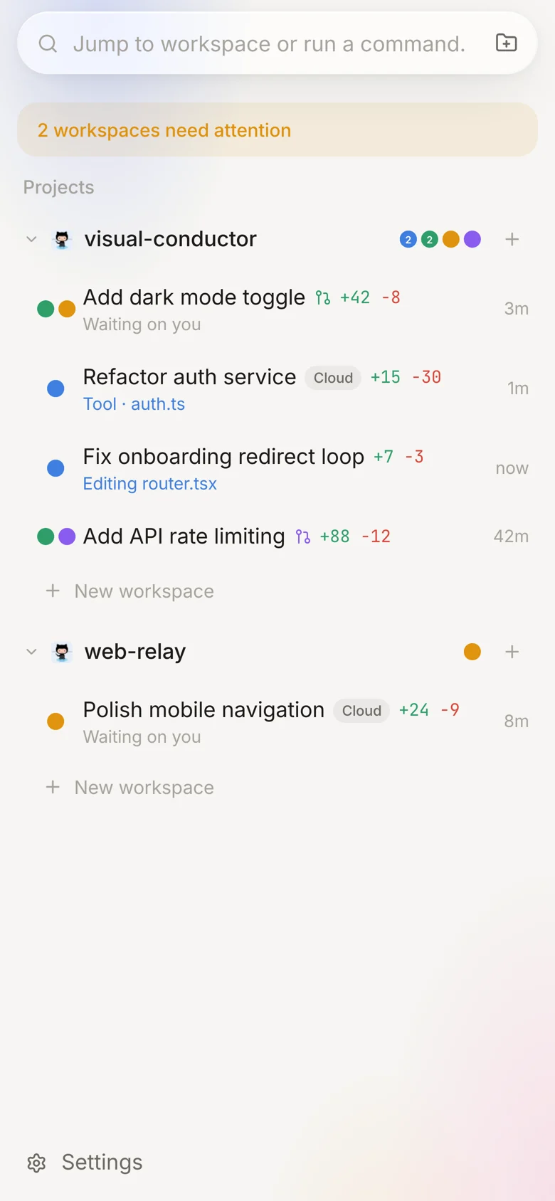 Maestro Web on a phone: a list of projects and their agent workspaces, each with a live status such as working, waiting for you, or ready to merge.